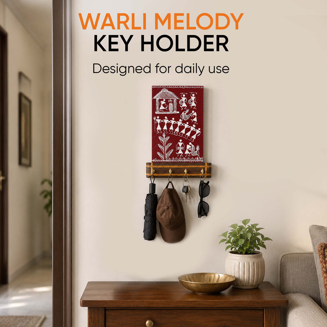 Warli Melody Key Holder In Red (6x2.5x8)