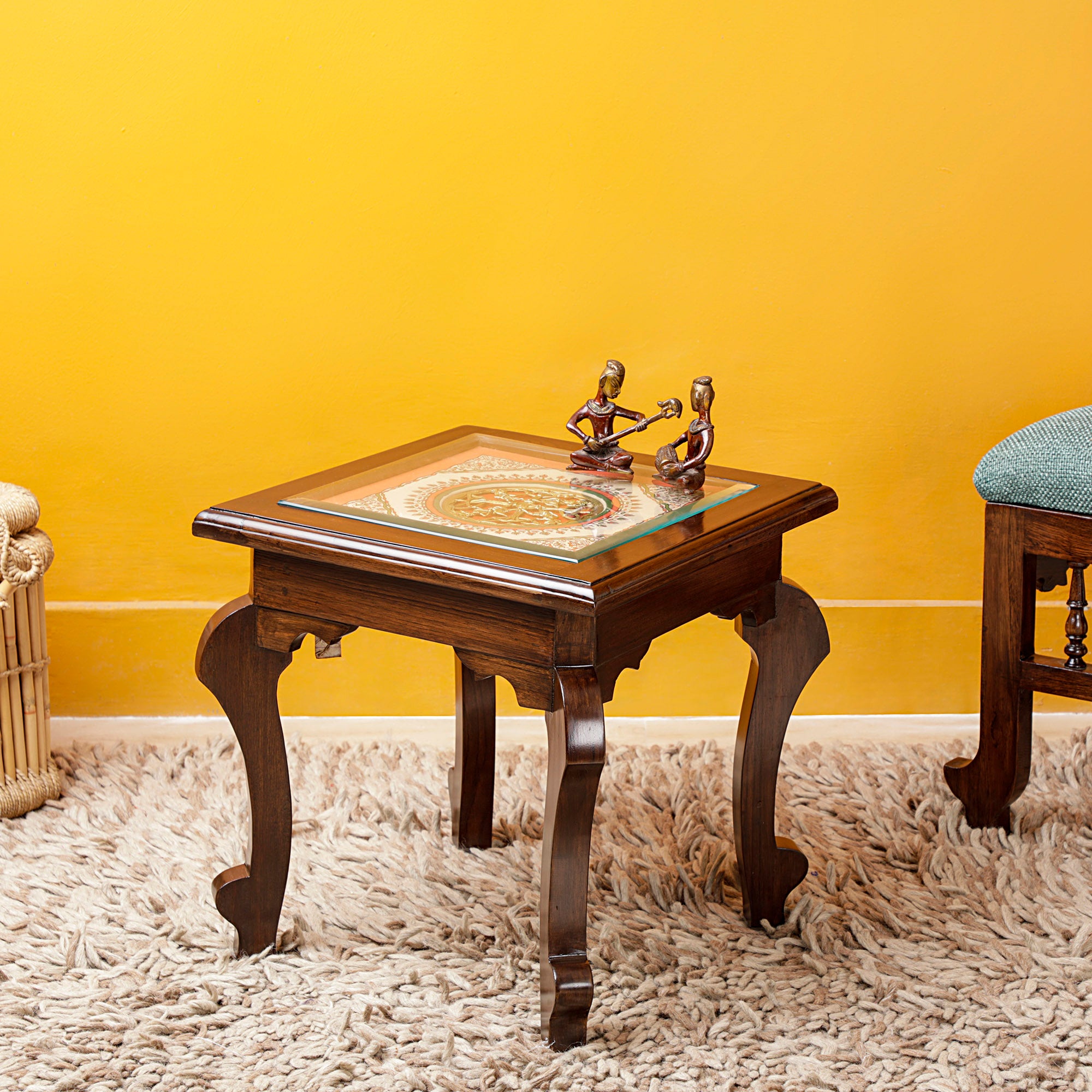 Munich-I Bedside Table with Oriental Legs in Teakwood with Walnut Matte Finish (16x16x16)