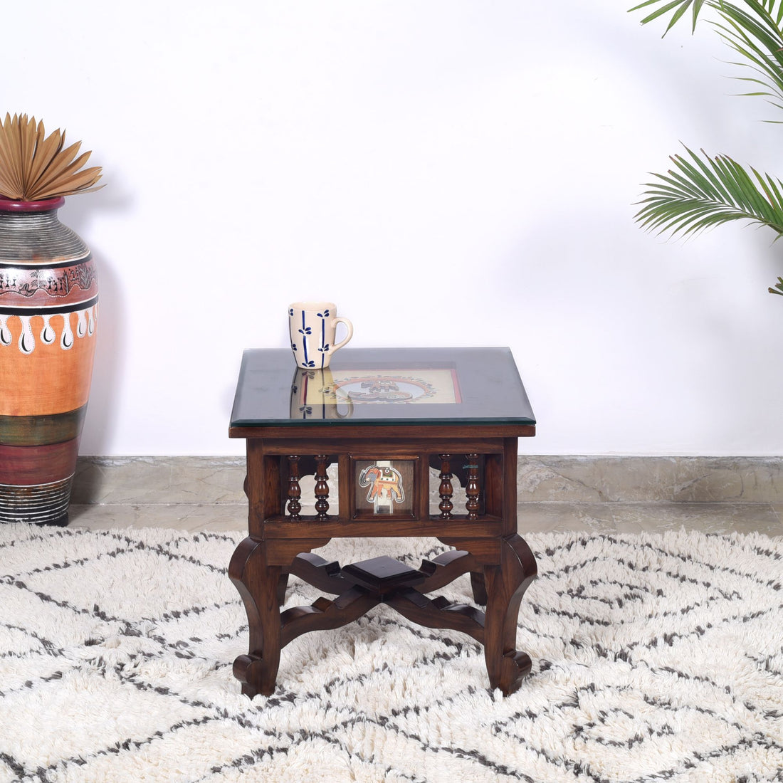Mahi Bedside Table with Oriental Legs in Teakwood with Walnut Matte Finish