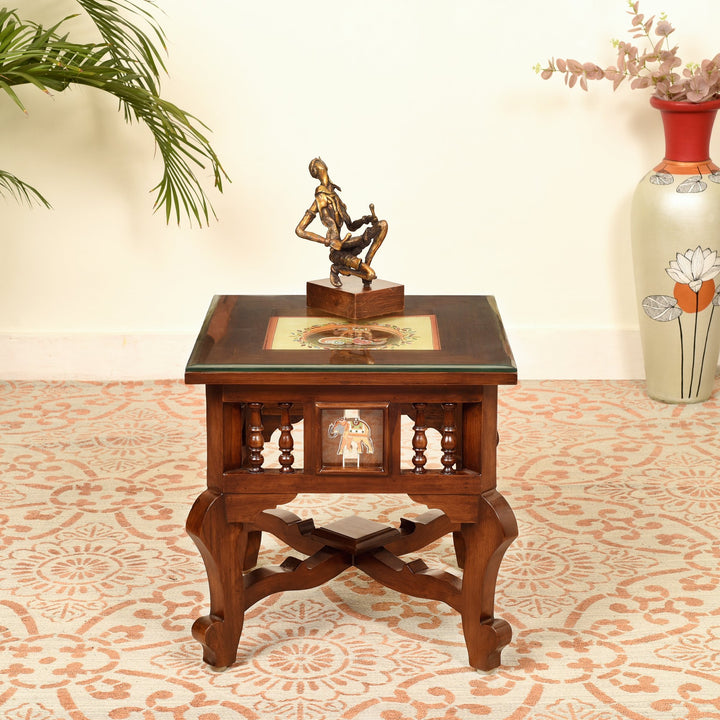 Mahi Bedside Table with Oriental Legs in Teakwood with Walnut Matte Finish