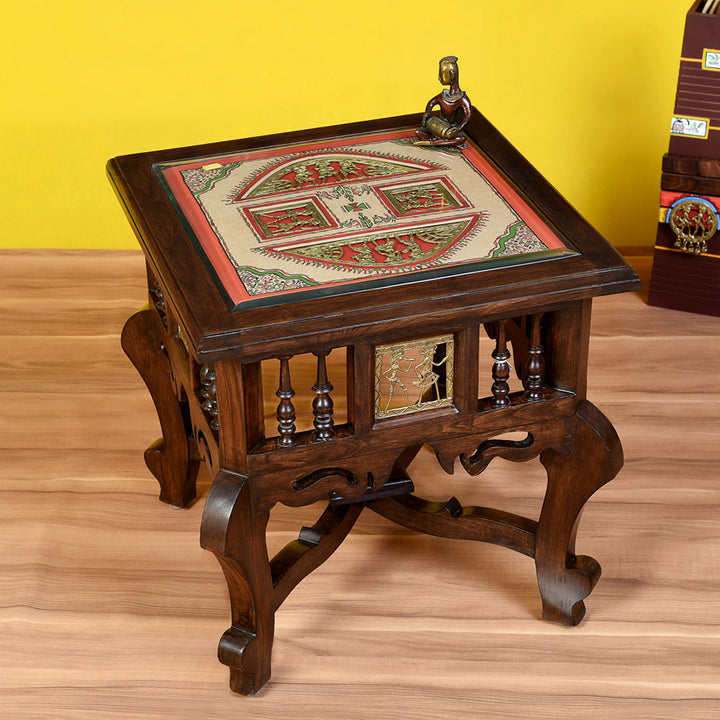 Munich-II Bedside Table with Oriental Legs in Teakwood with Walnut Finish (18x18x18)