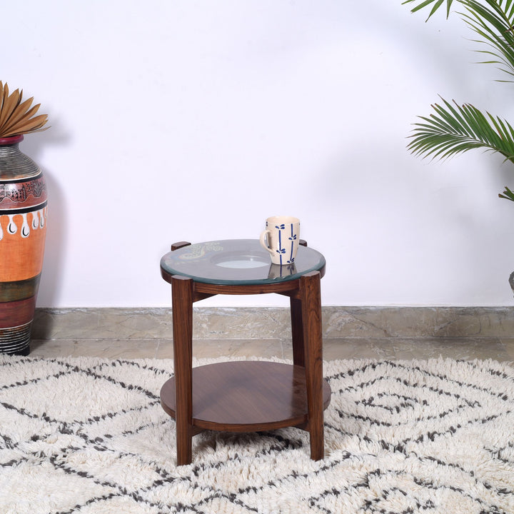 Mantra Round Side Table in Teakwood with Walnut Finish