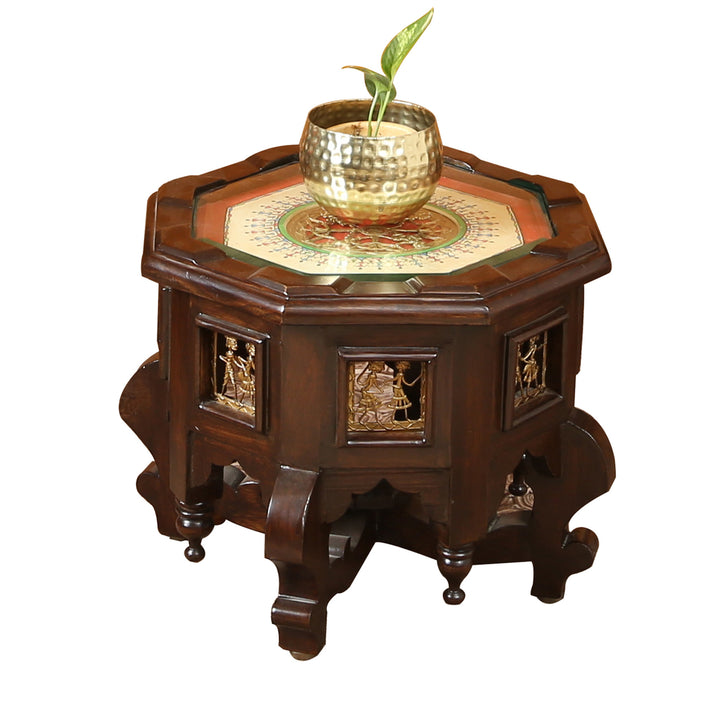 Princess Octagonal Accent Table in Teak Wood with Walnut Finish (15x15x12)