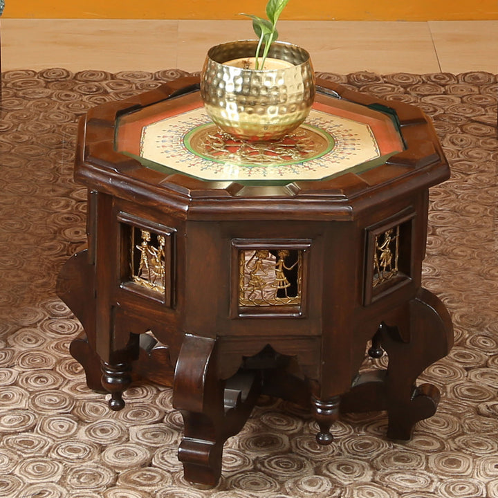 Princess Octagonal Accent Table in Teak Wood with Walnut Finish (15x15x12)