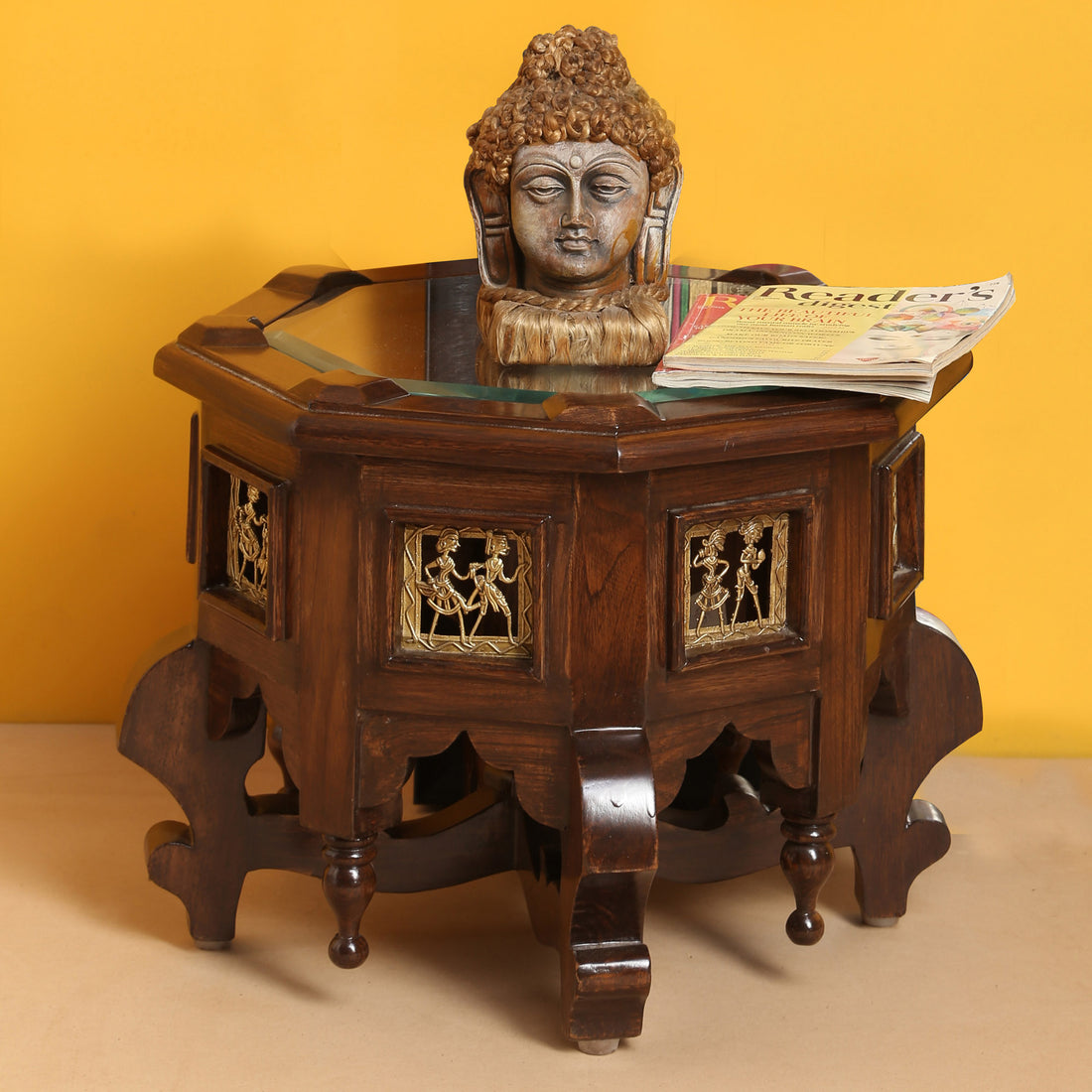 Princess Octagonal Accent Table in Teak Wood with Walnut Finish (15x15x12)