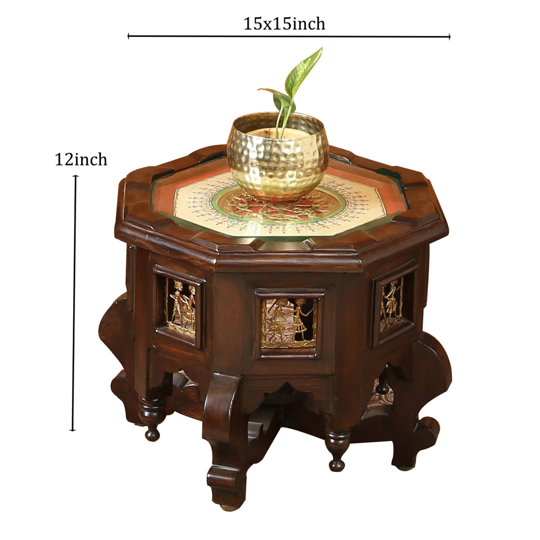 Princess Octagonal Accent Table in Teak Wood with Walnut Finish (15x15x12)