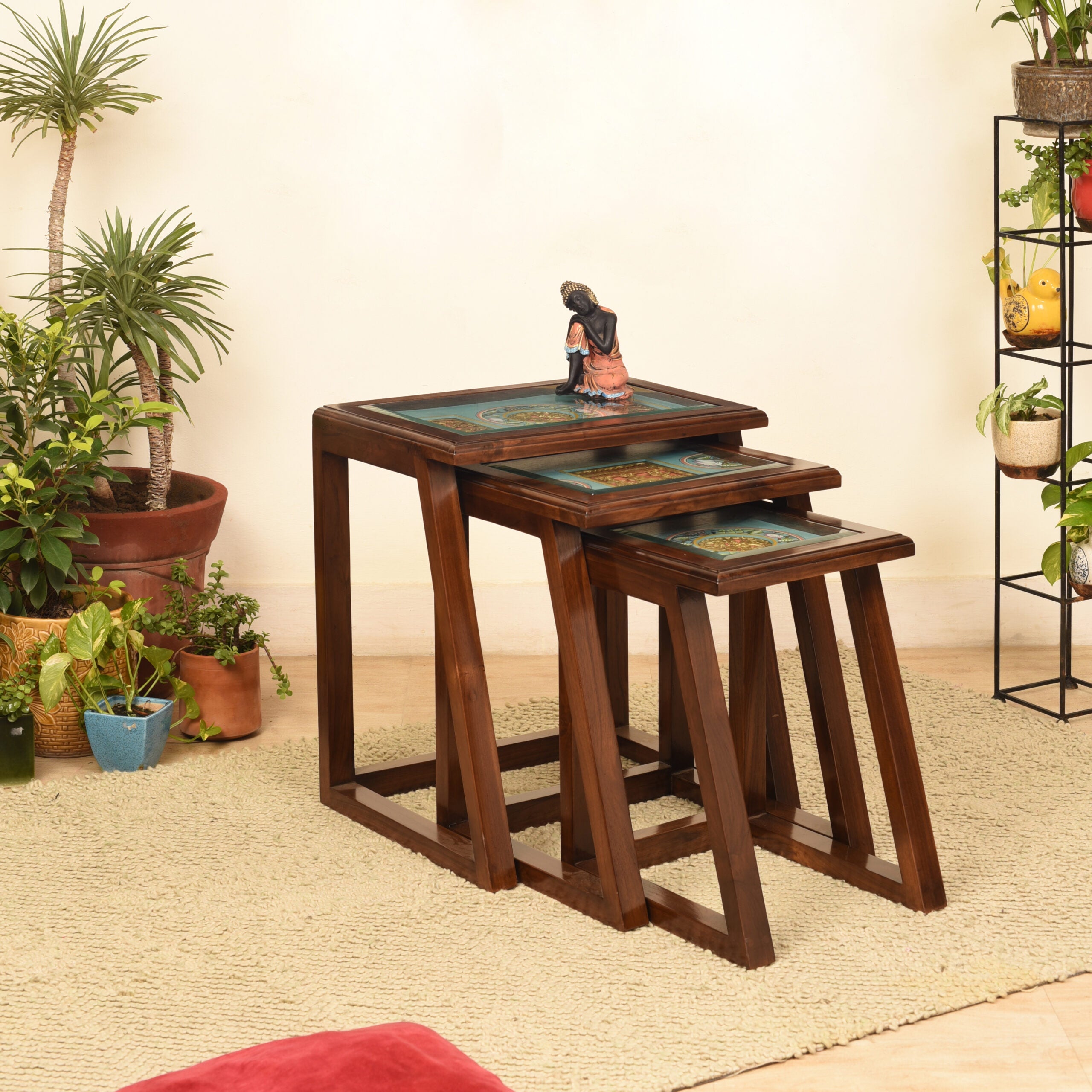 Honey Nest of Tables (Set of 3) in Teakwood with Walnut Matte Finish