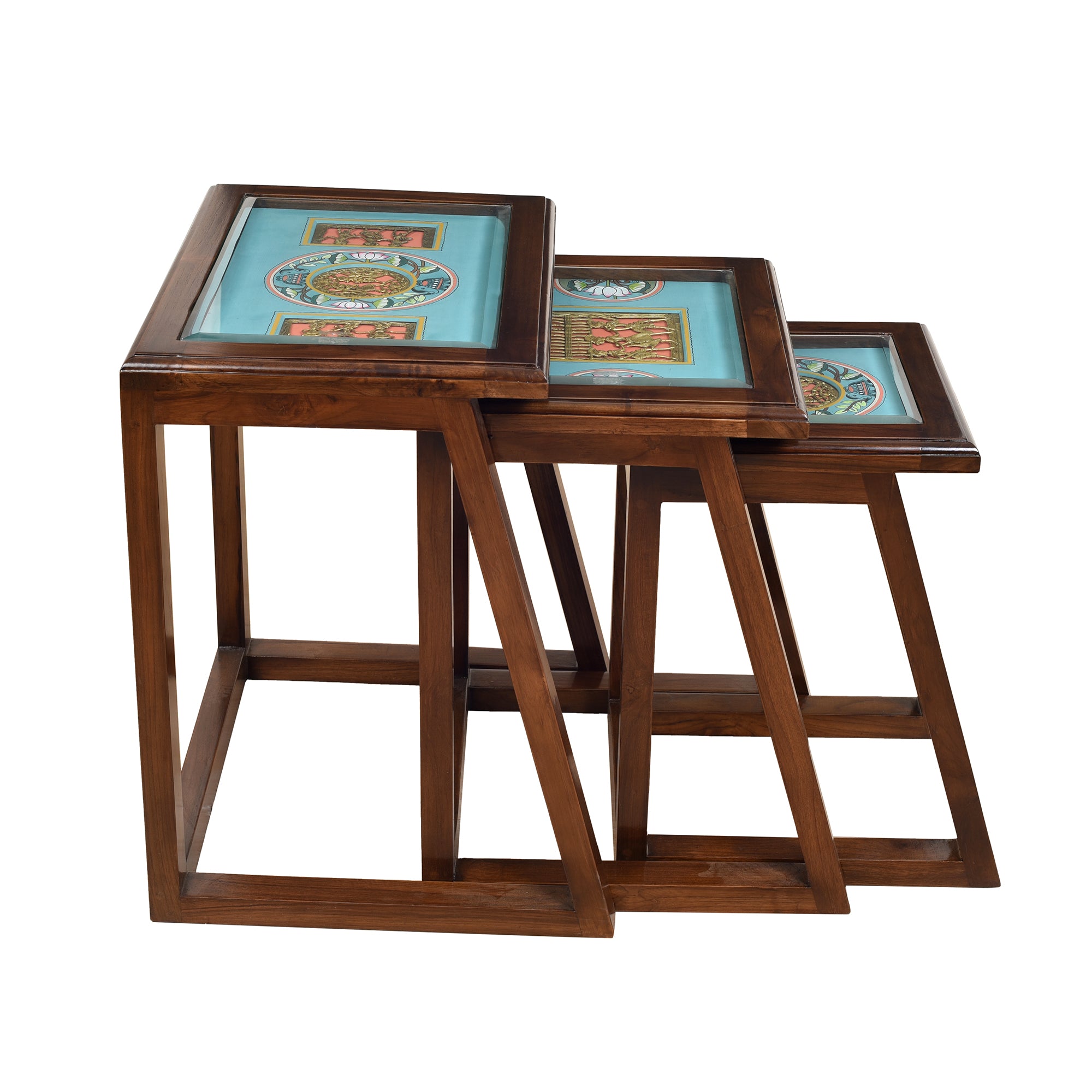 Honey Nest of Tables (Set of 3) in Teakwood with Walnut Matte Finish