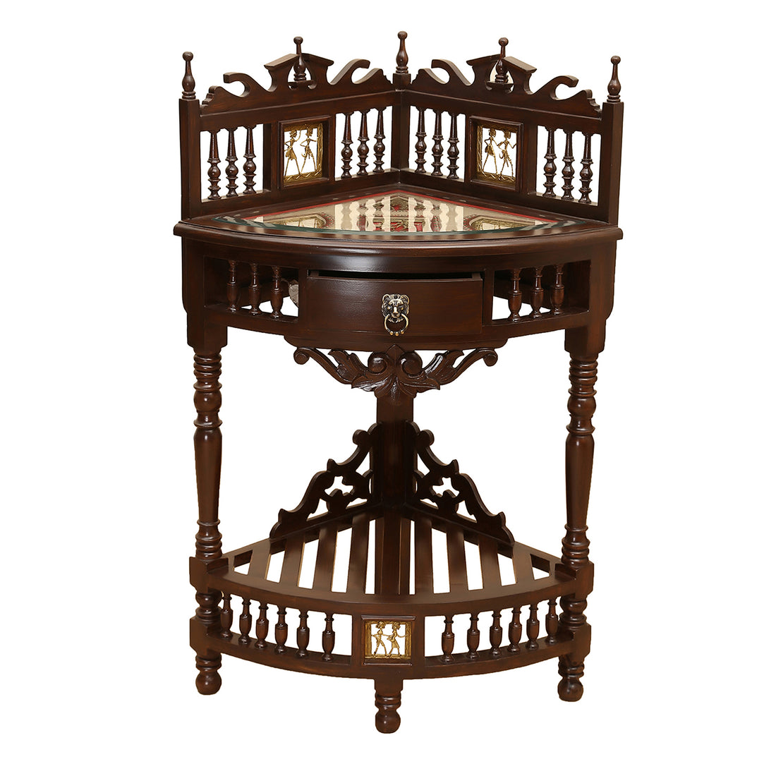 Quadro-II Teak Wood Corner Table with Storage and Carved Elevation in Walnut Finish (19x19x39)