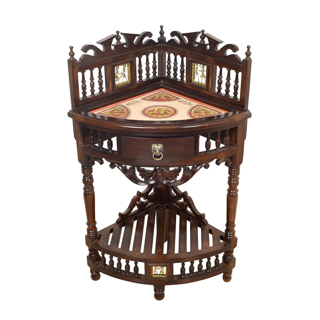 Quadro-II Teak Wood Corner Table with Storage and Carved Elevation in Walnut Finish (19x19x39)