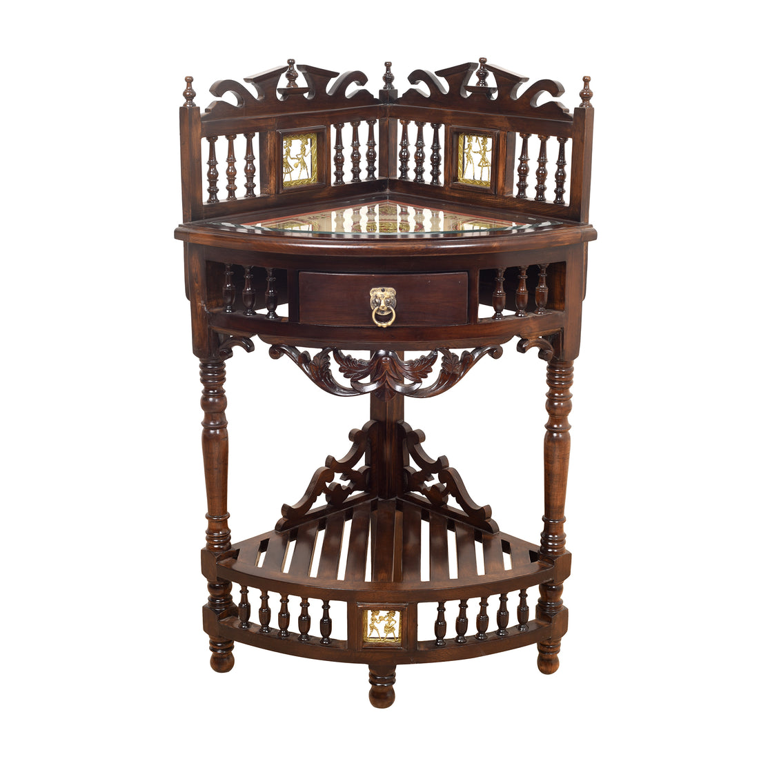 Quadro-II Teak Wood Corner Table with Storage and Carved Elevation in Walnut Finish (19x19x39)