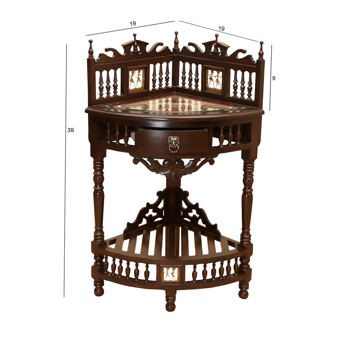 Quadro-II Teak Wood Corner Table with Storage and Carved Elevation in Walnut Finish (19x19x39)