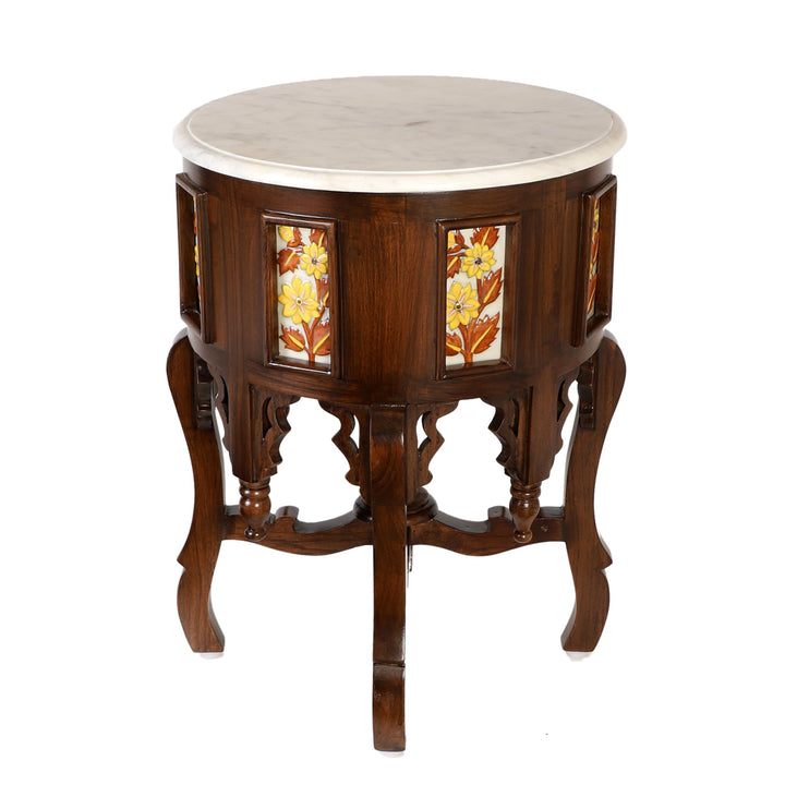 Fiama End Table in Teakwood with Walnut Finish and Round Marble Top (18x18x24)