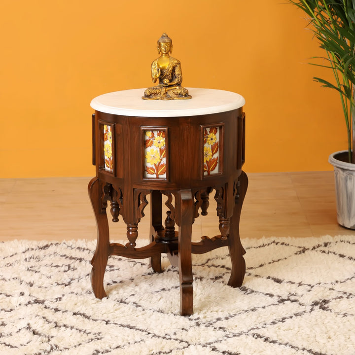 Fiama End Table in Teakwood with Walnut Finish and Round Marble Top (18x18x24)