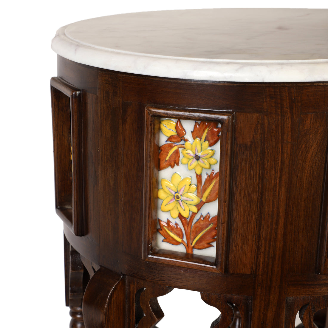 Fiama End Table in Teakwood with Walnut Finish and Round Marble Top (18x18x24)