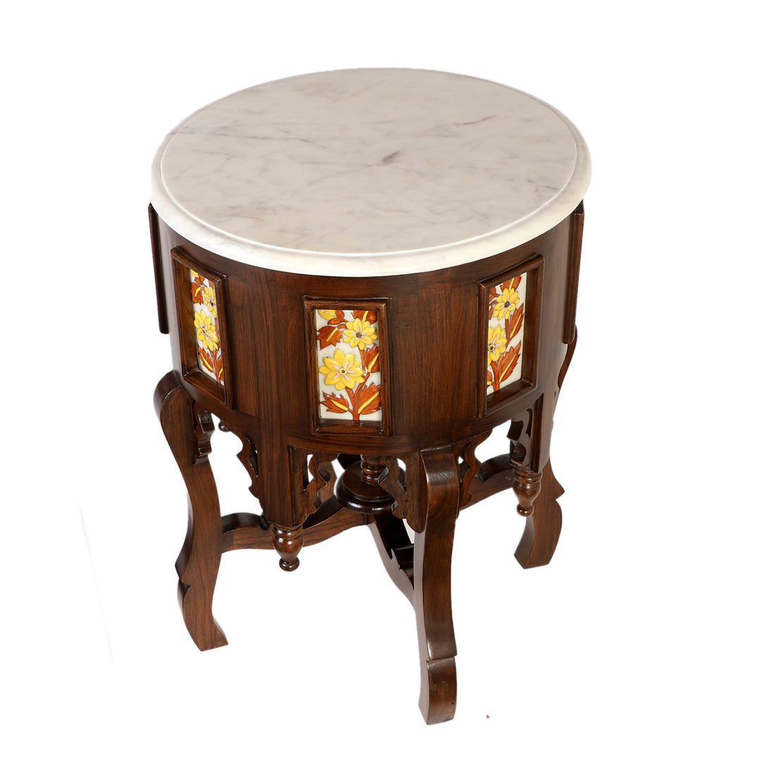 Fiama End Table in Teakwood with Walnut Finish and Round Marble Top (18x18x24)