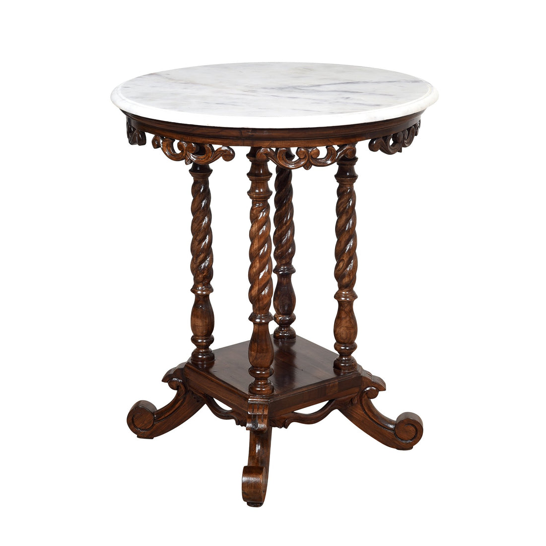 Fiona End Table in Teakwood with Walnut Finish and Round Marble Top