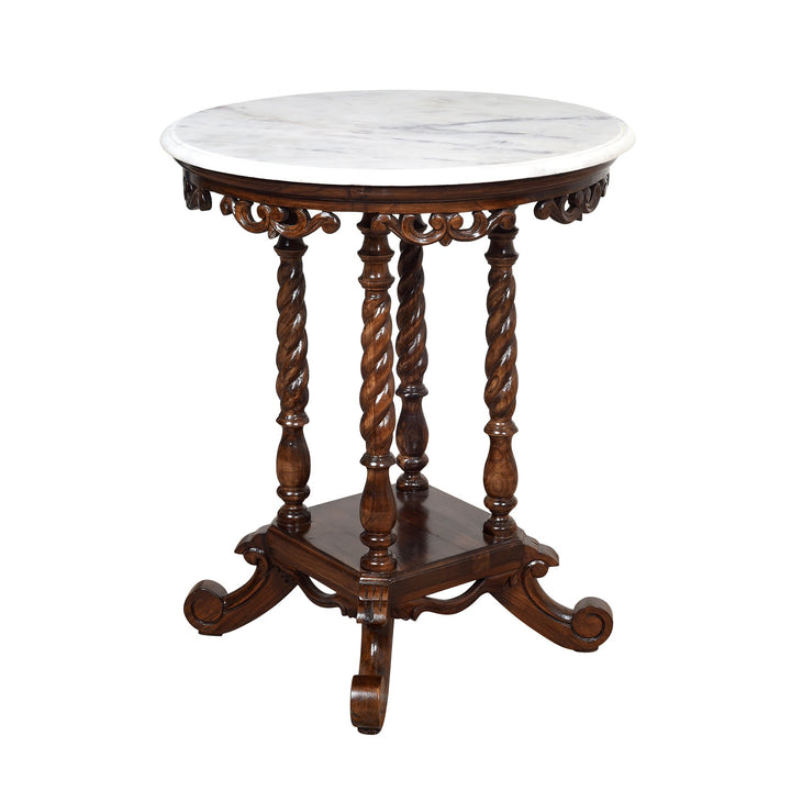 Fiona End Table in Teakwood with Walnut Finish and Round Marble Top