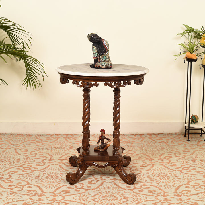 Fiona End Table in Teakwood with Walnut Finish and Round Marble Top