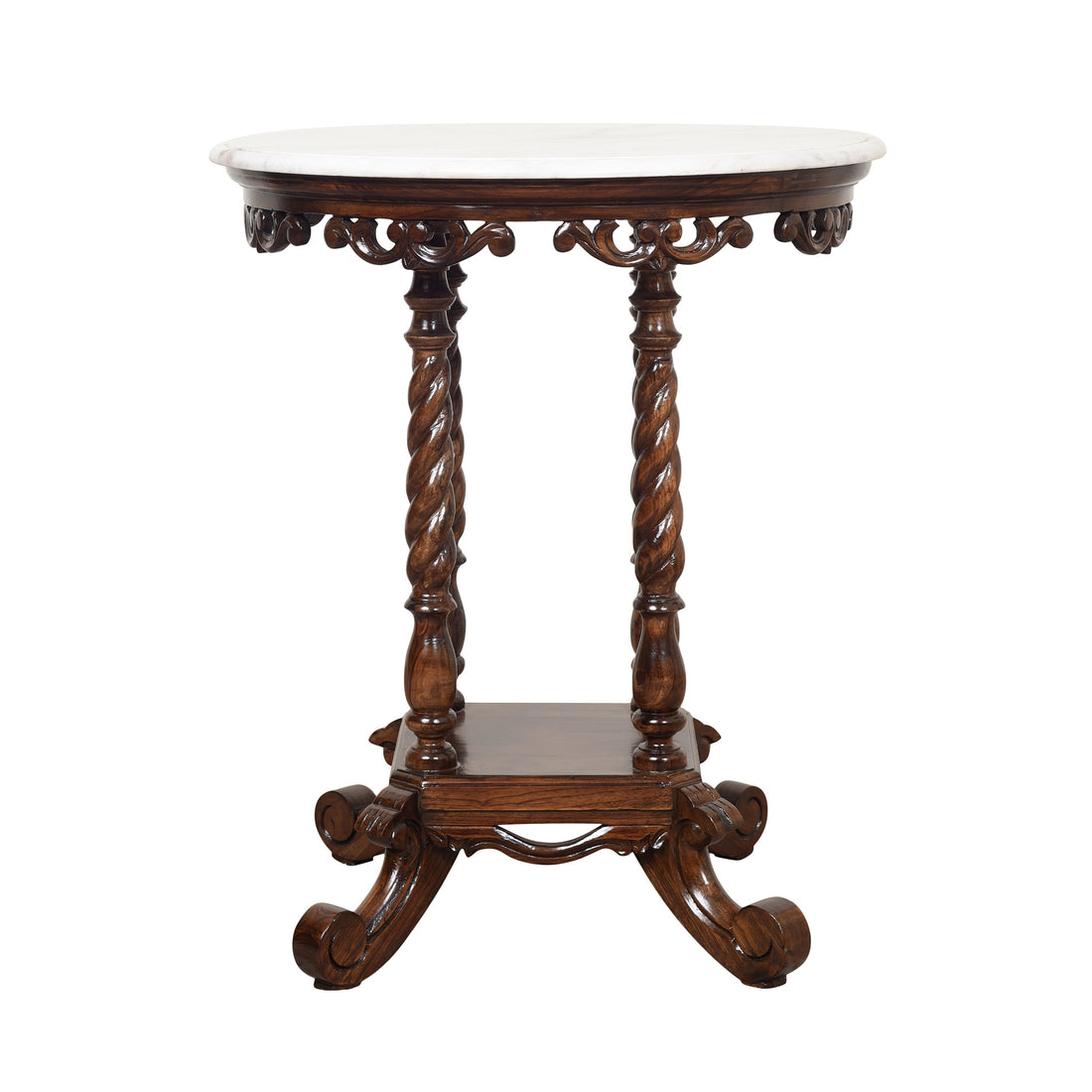 Fiona End Table in Teakwood with Walnut Finish and Round Marble Top