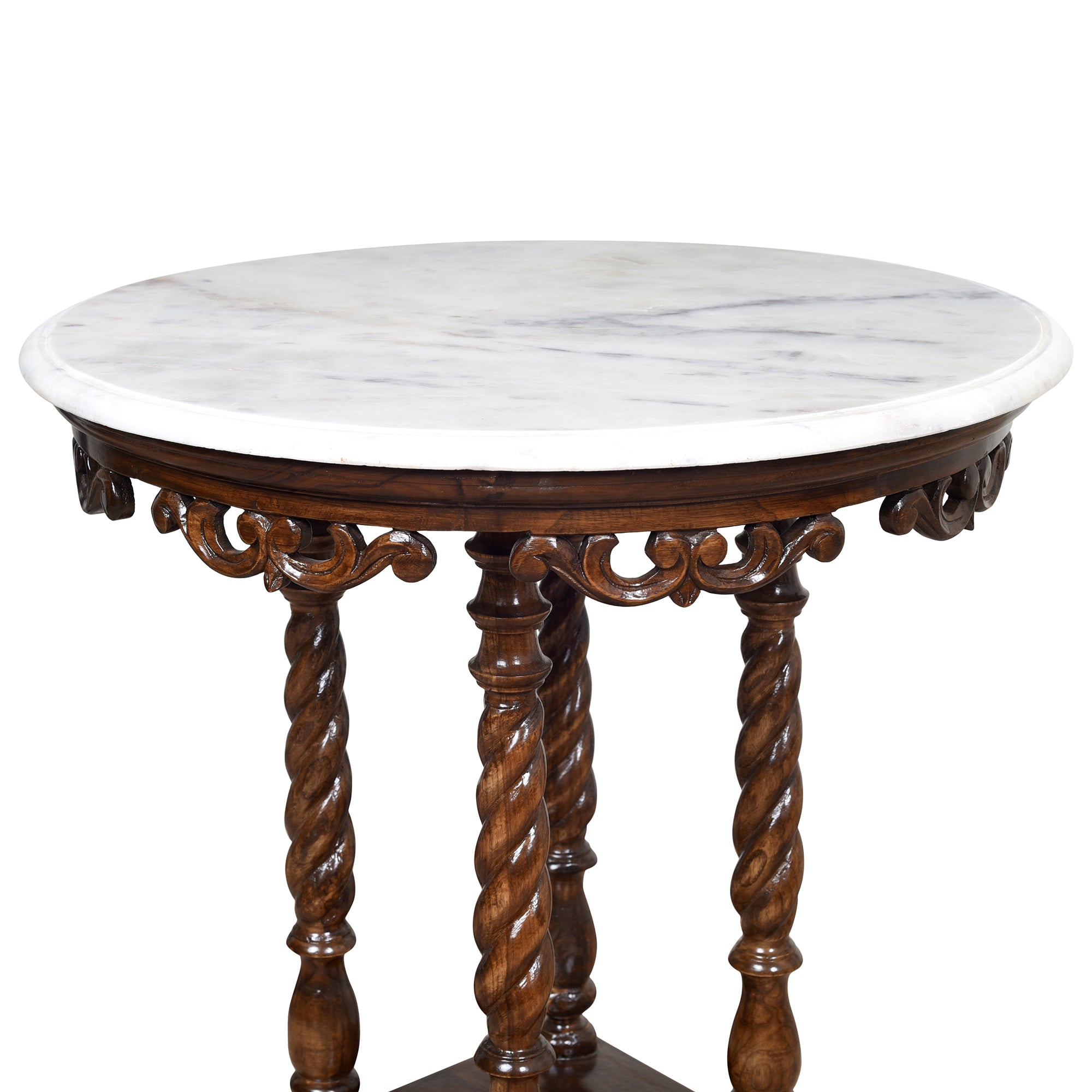 Fiona End Table in Teakwood with Walnut Finish and Round Marble Top