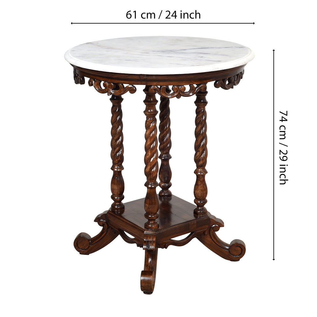 Fiona End Table in Teakwood with Walnut Finish and Round Marble Top