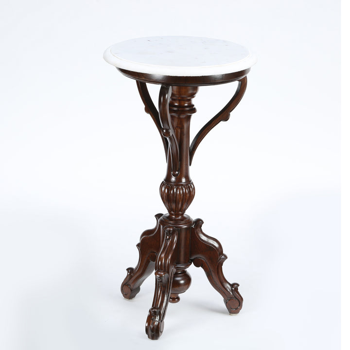 Faye End Table in Teakwood with Walnut Finish and Round Marble Top (15.5x15.5x29)