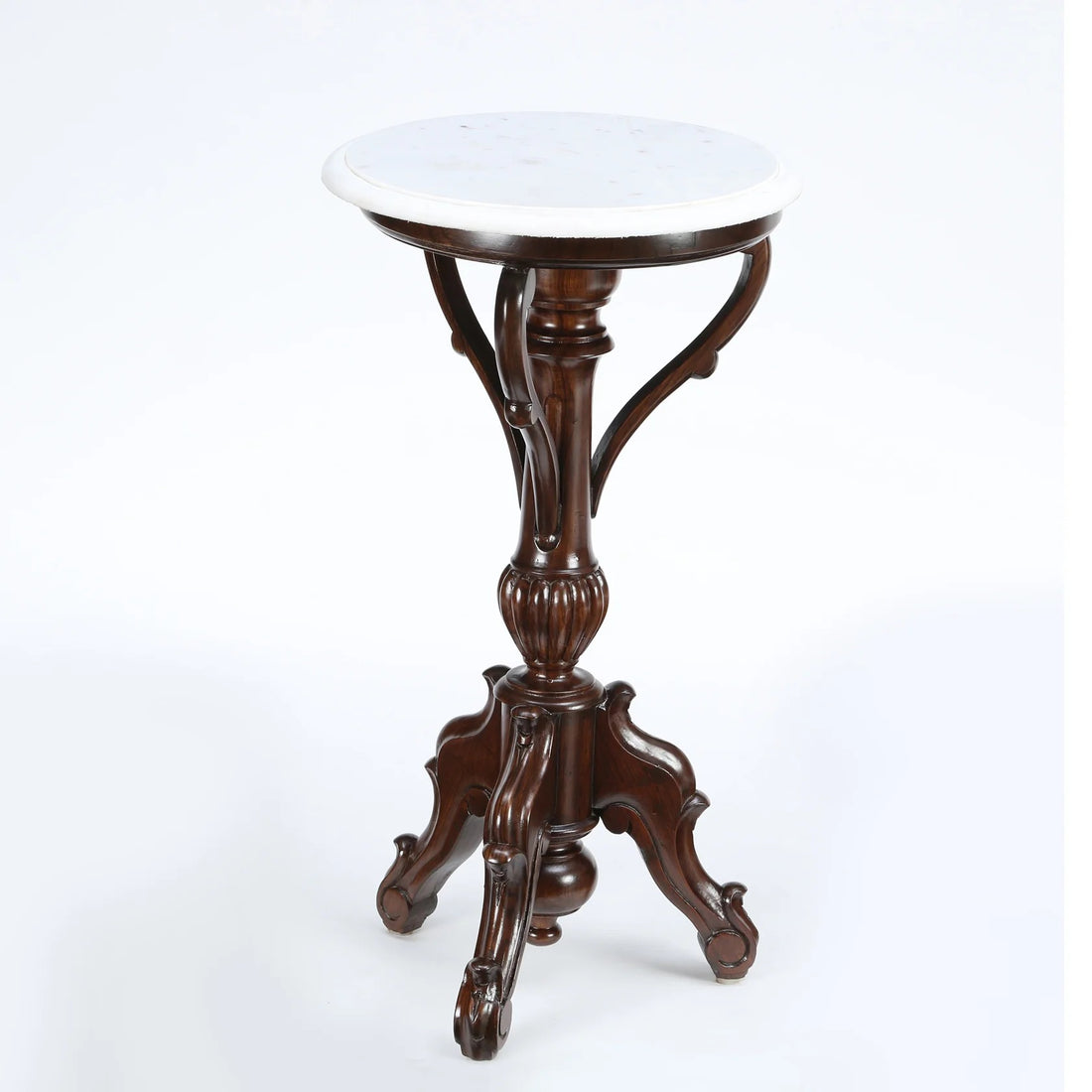 Faye End Table in Teakwood with Walnut Finish and Round Marble Top (15.5x15.5x29)