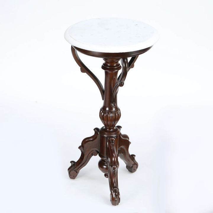 Faye End Table in Teakwood with Walnut Finish and Round Marble Top (15.5x15.5x29)