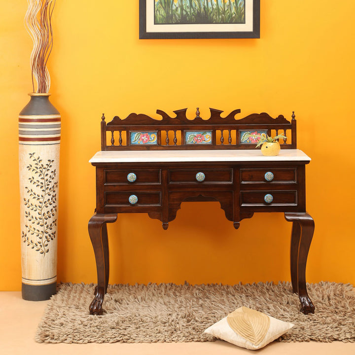 Faun Console Table in Teakwood with Walnut Finish complete with Oriental Carvings (42x16x39)