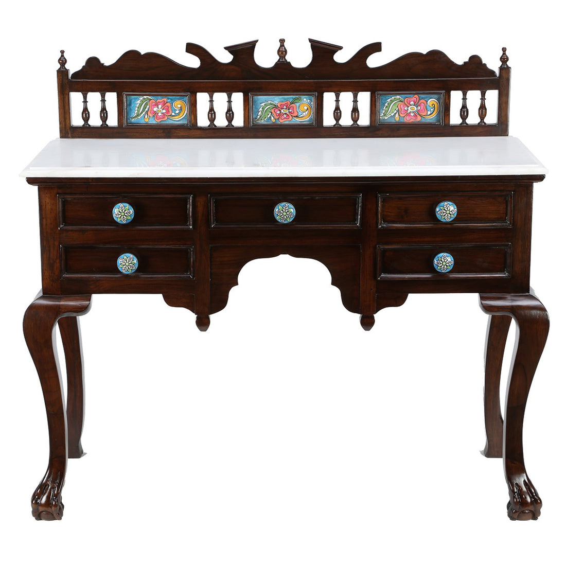 Faun Console Table in Teakwood with Walnut Finish complete with Oriental Carvings (42x16x39)