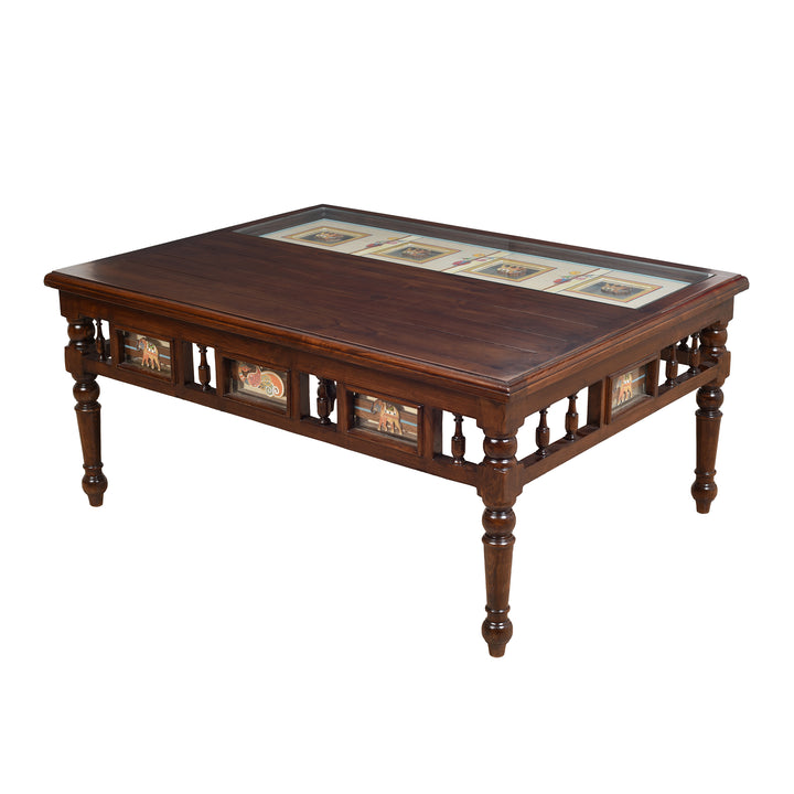 Sumer Teak Wood Rectangular Center Table with Grooved Straight Legs in Walnut Finish