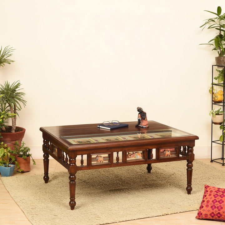 Sumer Teak Wood Rectangular Center Table with Grooved Straight Legs in Walnut Finish