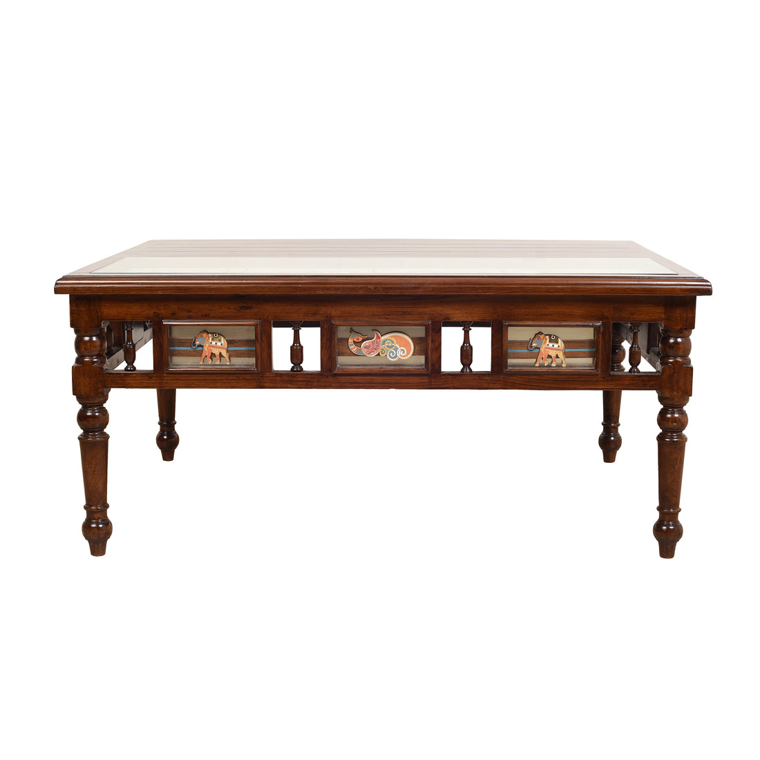 Sumer Teak Wood Rectangular Center Table with Grooved Straight Legs in Walnut Finish