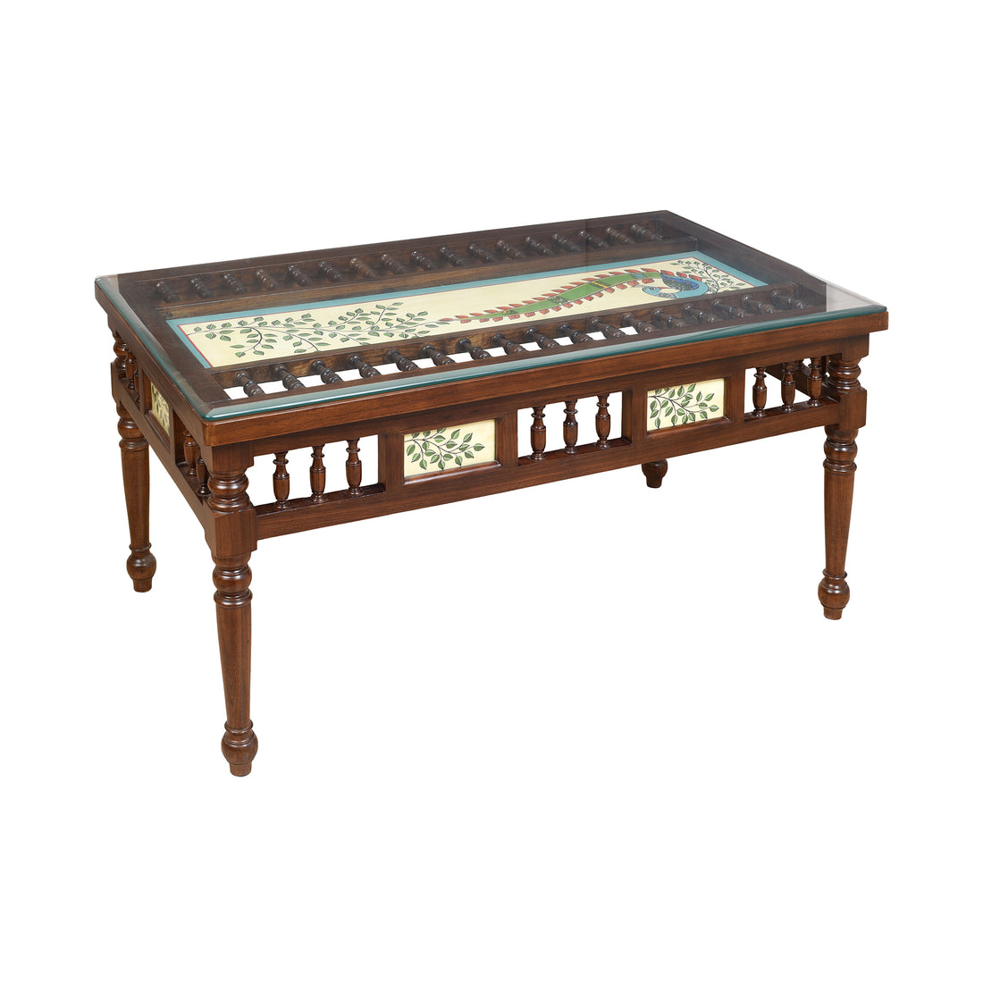 Peacock-I Teak Wood Rectangular Center Table with Grooved Straight Legs in Walnut Finish