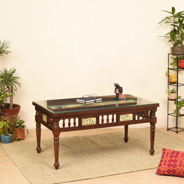 Peacock-I Teak Wood Rectangular Center Table with Grooved Straight Legs in Walnut Finish