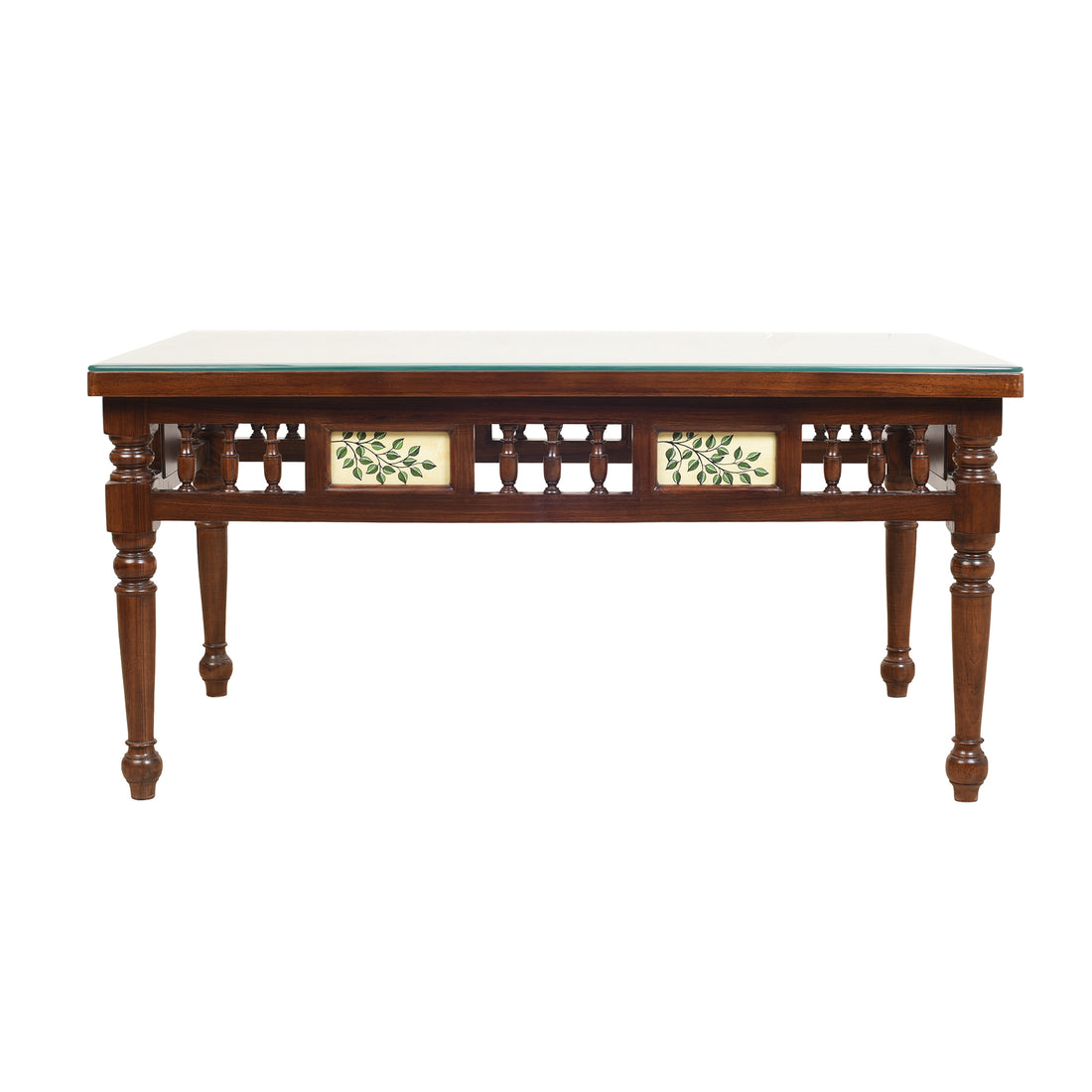 Peacock-I Teak Wood Rectangular Center Table with Grooved Straight Legs in Walnut Finish