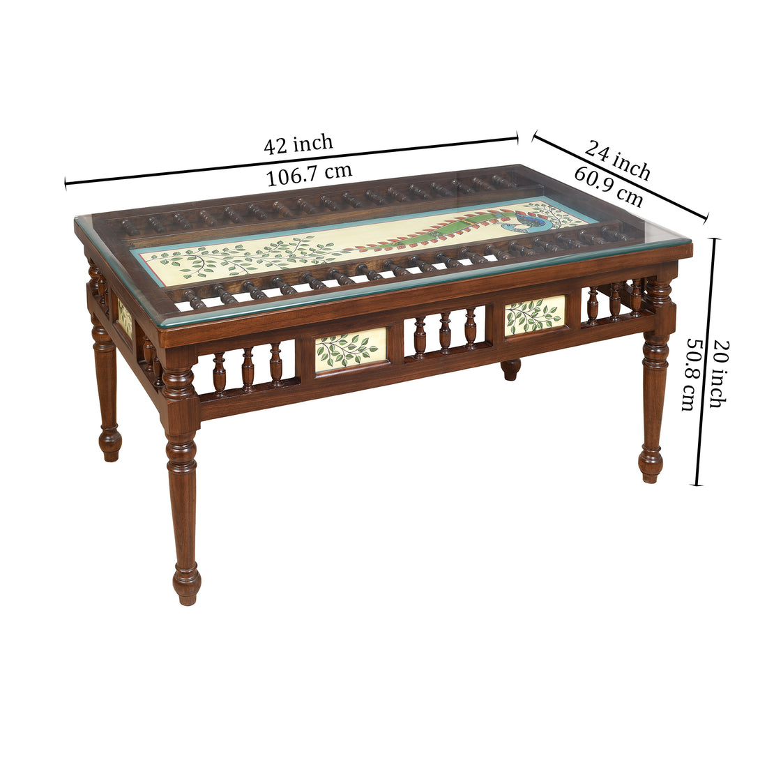 Peacock-I Teak Wood Rectangular Center Table with Grooved Straight Legs in Walnut Finish