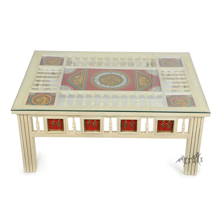 Aloha-II Teak Wood Rectangular Center Table with Grooved Straight Legs in Ivory Finish (42x30x18)