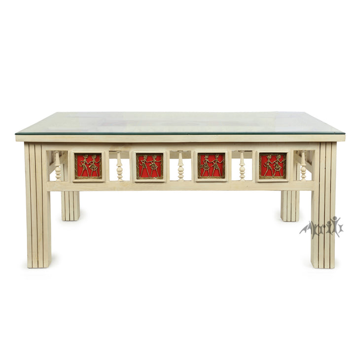 Aloha-II Teak Wood Rectangular Center Table with Grooved Straight Legs in Ivory Finish (42x30x18)