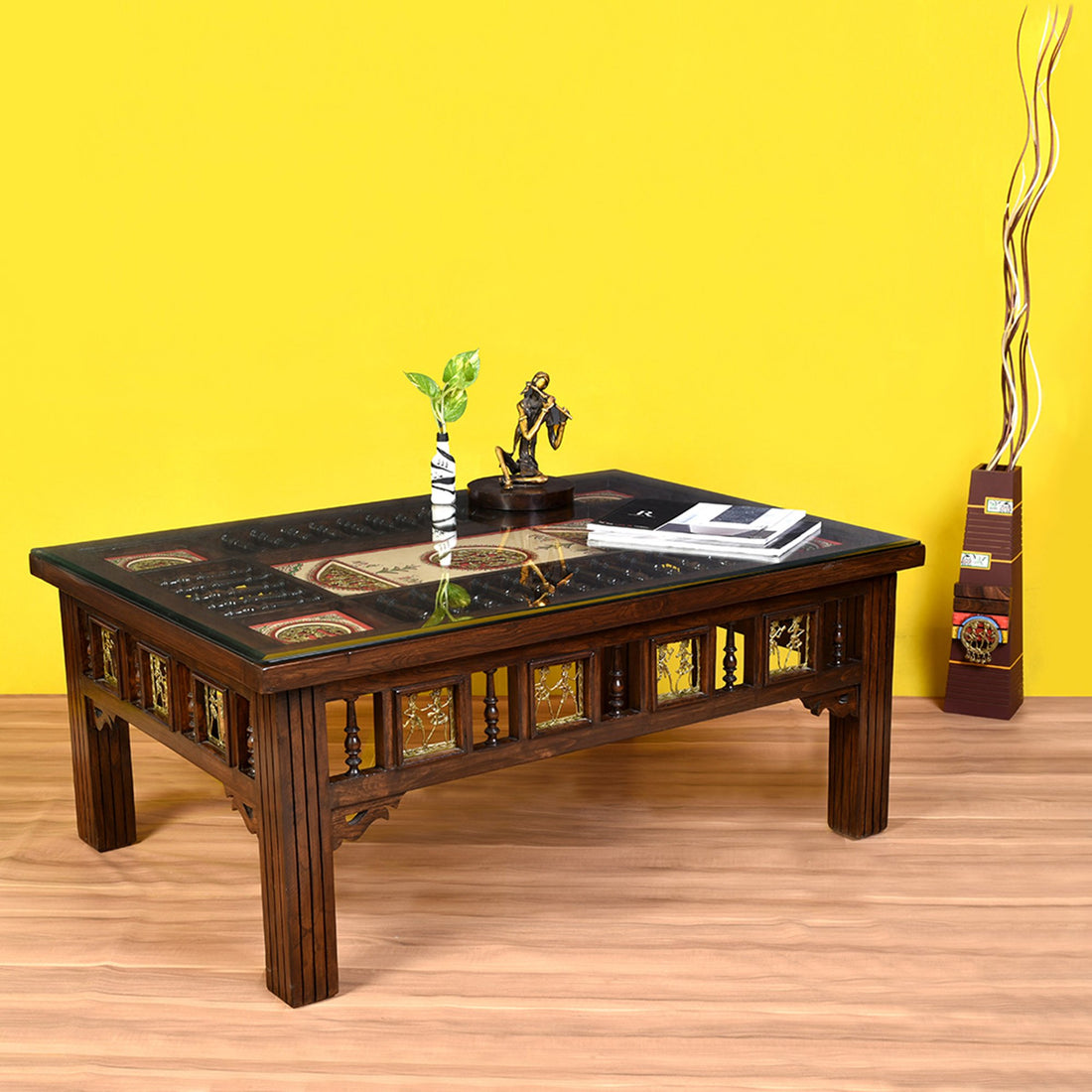 Aloha Teak Wood Rectangular Center Table with Grooved Straight Legs in Walnut Finish (43x30x18)