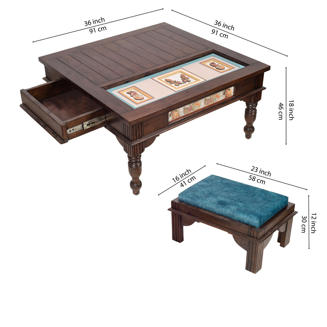 Samara 2 Seater Coffee Table Set in Teakwood with Walnut Finish