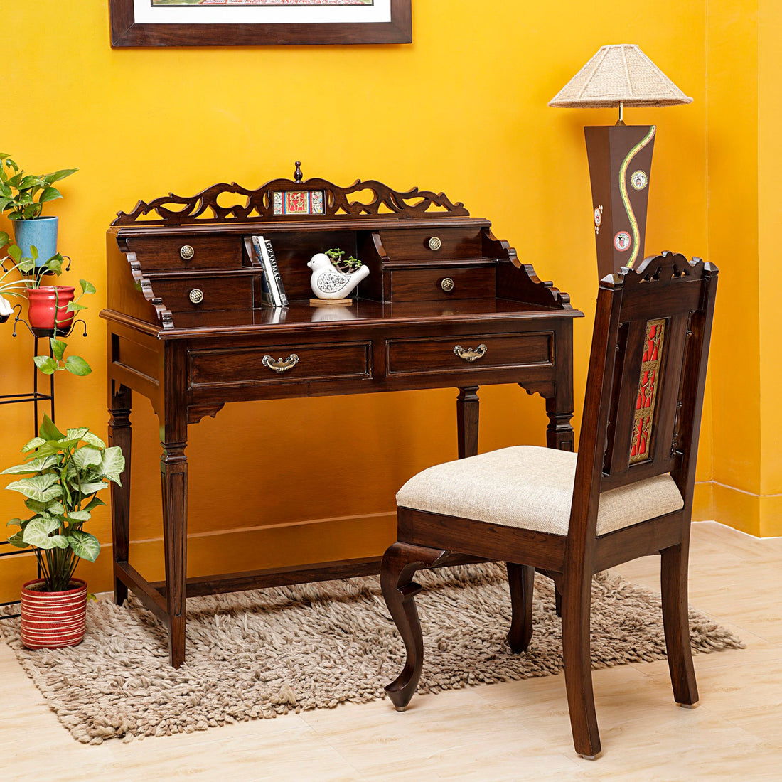 Ohio Study Table in Teakwood with Moha Chair in Walnut Matte Finish