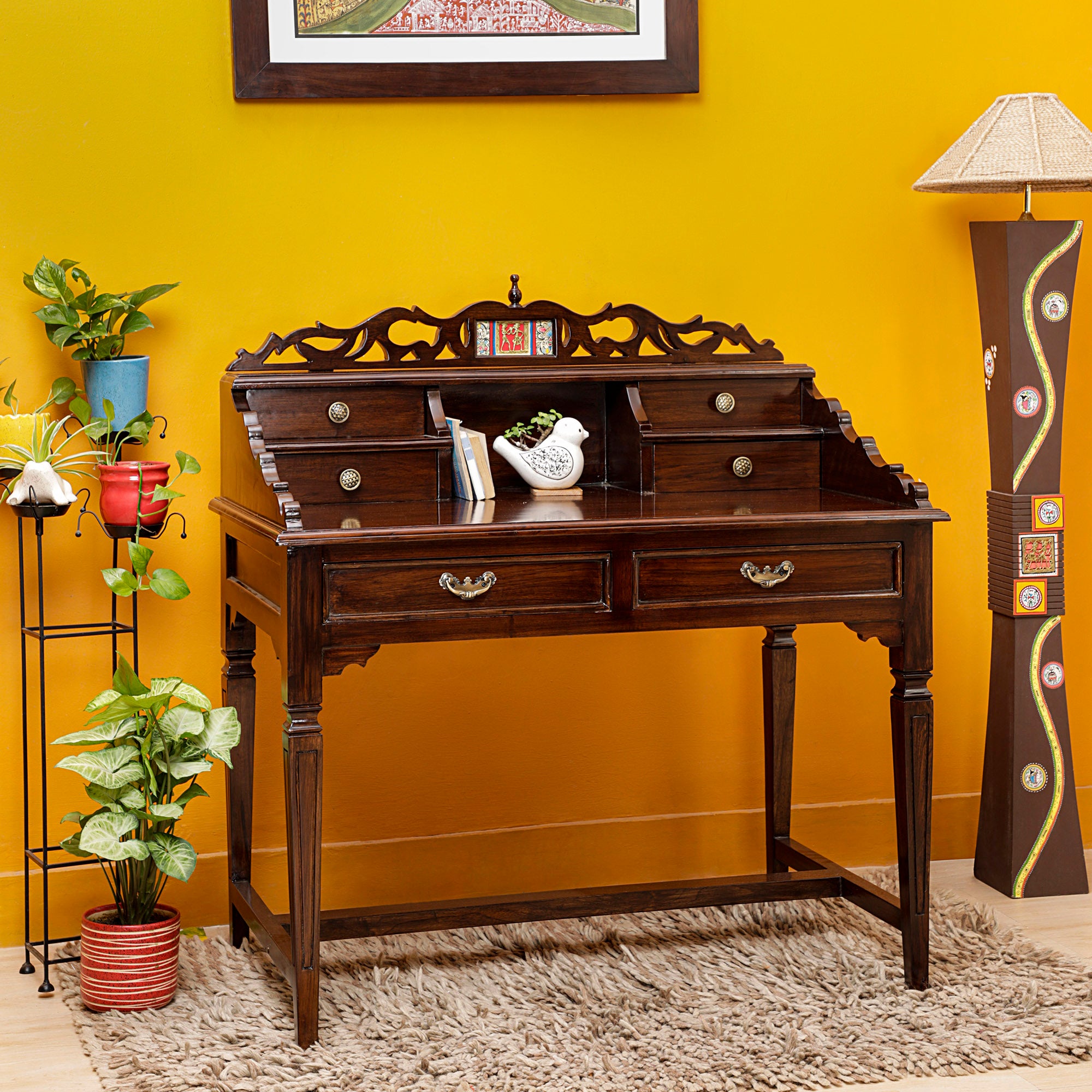 Ohio Study Table in Teakwood with Moha Chair in Walnut Matte Finish