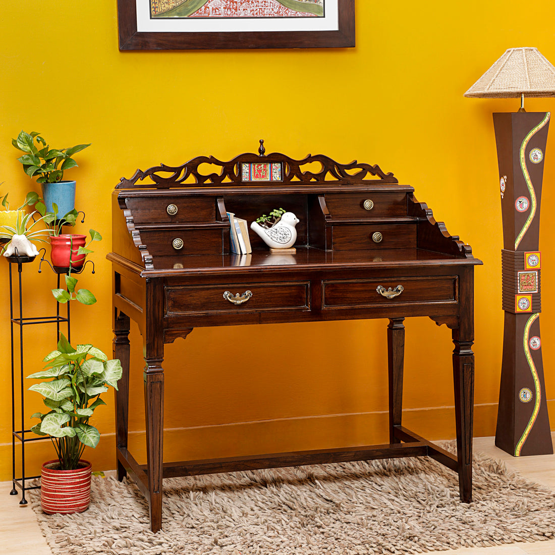 Ohio Study Table in Teakwood with Moha Chair in Walnut Matte Finish