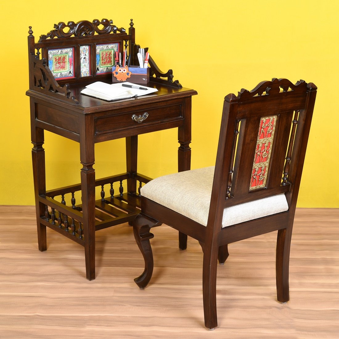 Osho Study Table in Teakwood with Moha Chair in Walnut Finish