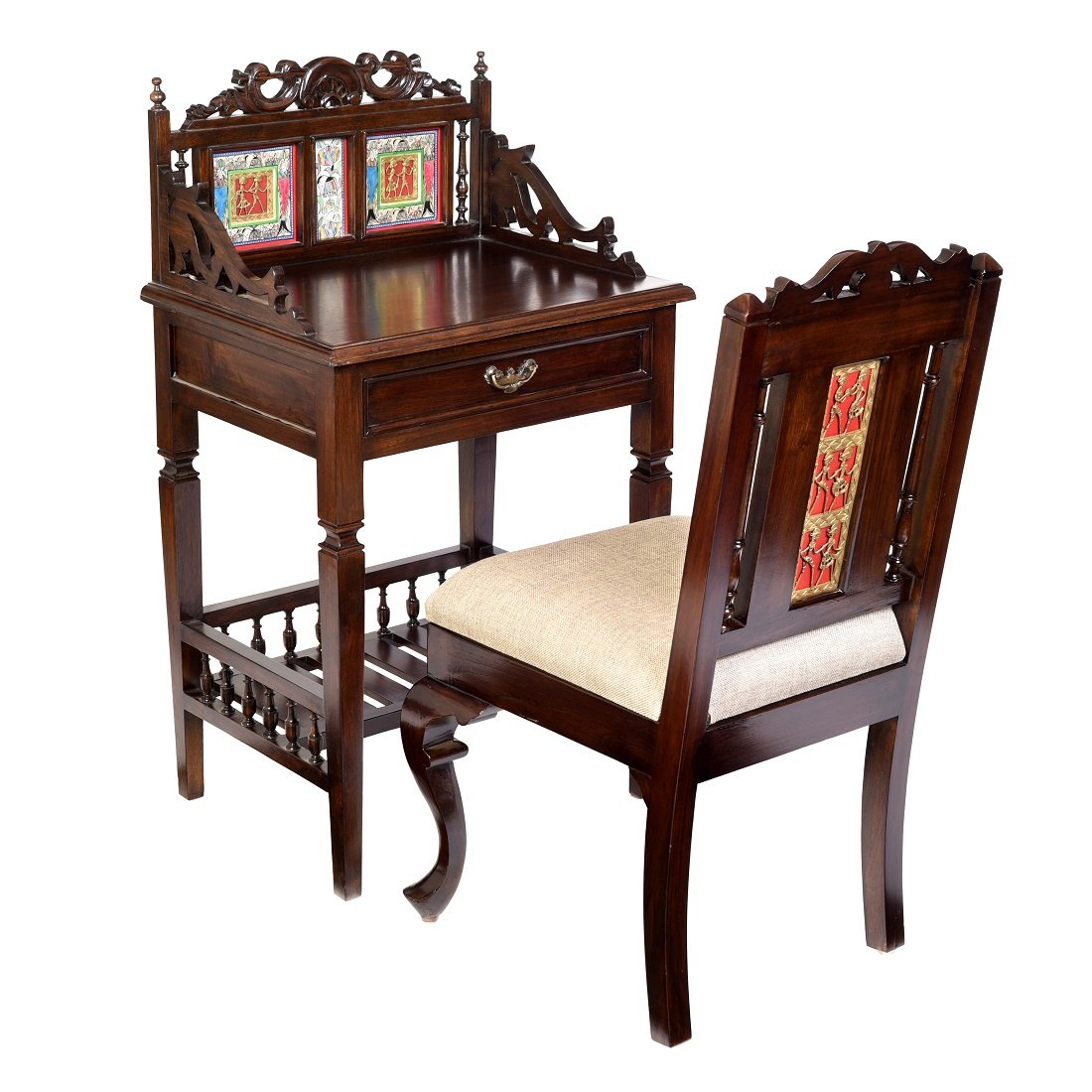 Osho Study Table in Teakwood with Moha Chair in Walnut Finish