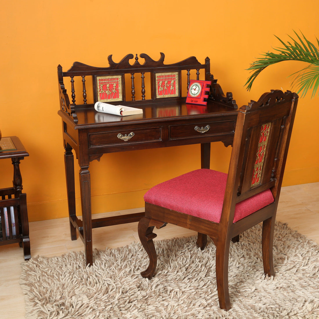 Ojasa Study Table in Teakwood with Moha Chair in Walnut Finish (36x18x40)