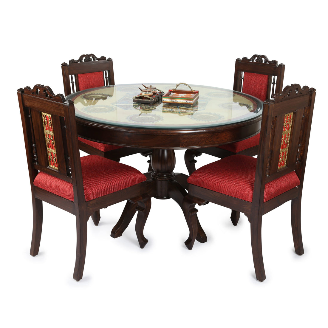 Artemis 4 Seater Round Dining Set in Teakwood with Walnut Finish (48x48x30)