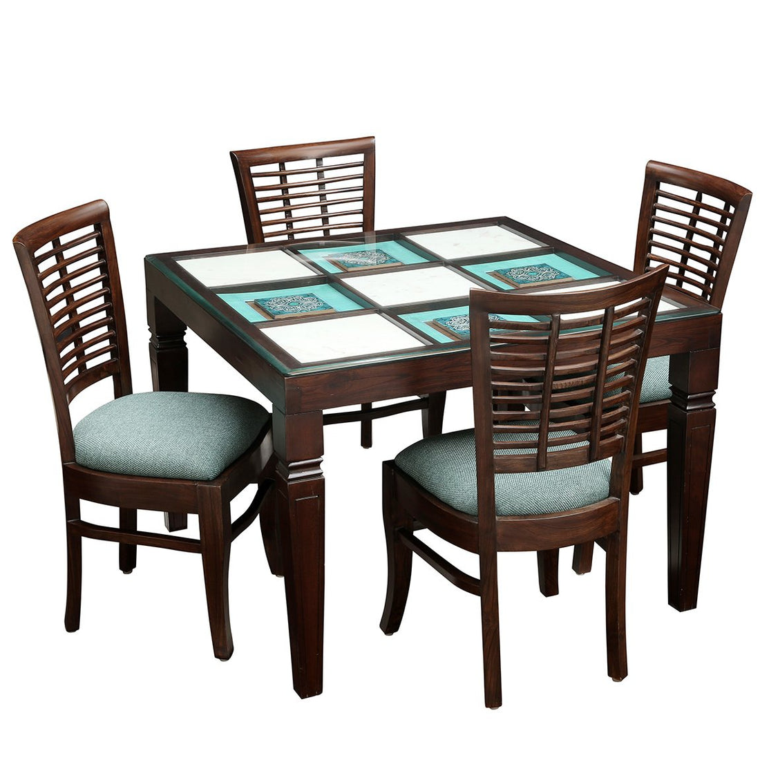 Ibiza Teak Wood contemporary Dining Table with Marble Tiles and Four Soha Chairs (42x42x30)